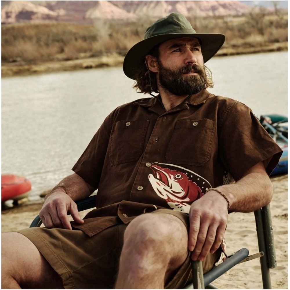 Filson Rustic Short Sleeve Camp‎ Shirt Brown Trout Fishing Graphic Mens XS NEW